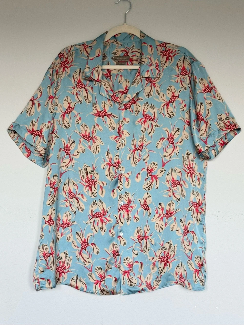 Zara Man Slim Fit Floral Camp Collar Shirt Blue Red Floral Hawaiian Button Down